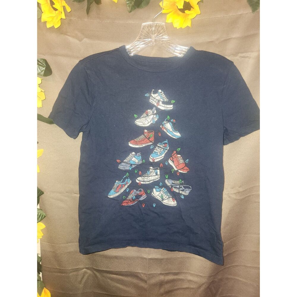 Gap Kids Boys Sneaker Tree Christmas T-Shirt Blue Graphic Holiday Tee L (10-12)